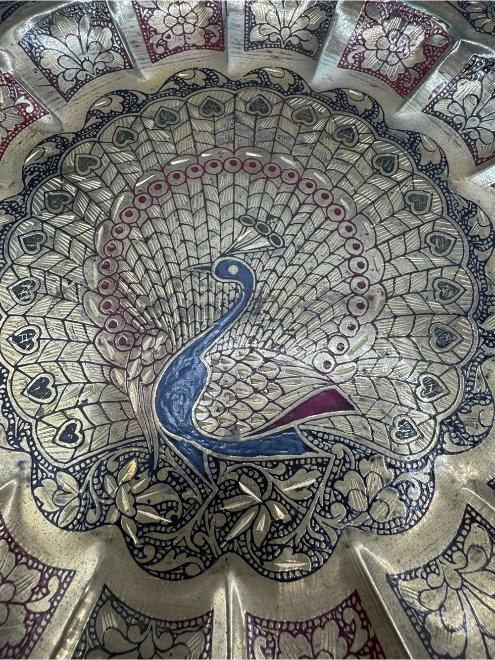 Vintage Lot of 2 Floral Etched Painted Brass Peacock Decorative Wall Hanging